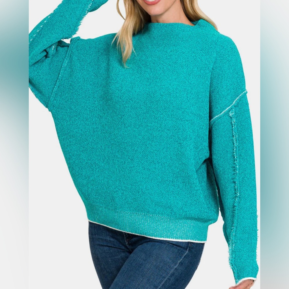 Zenana Teal cowl/mock Neck Sweater. Raw seams. Super soft.